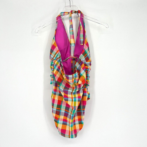 Into The Bleu Swimsuit Womens 10 One Piece Rainbow Plaid Plunge Ruched Halter - Picture 2 of 7